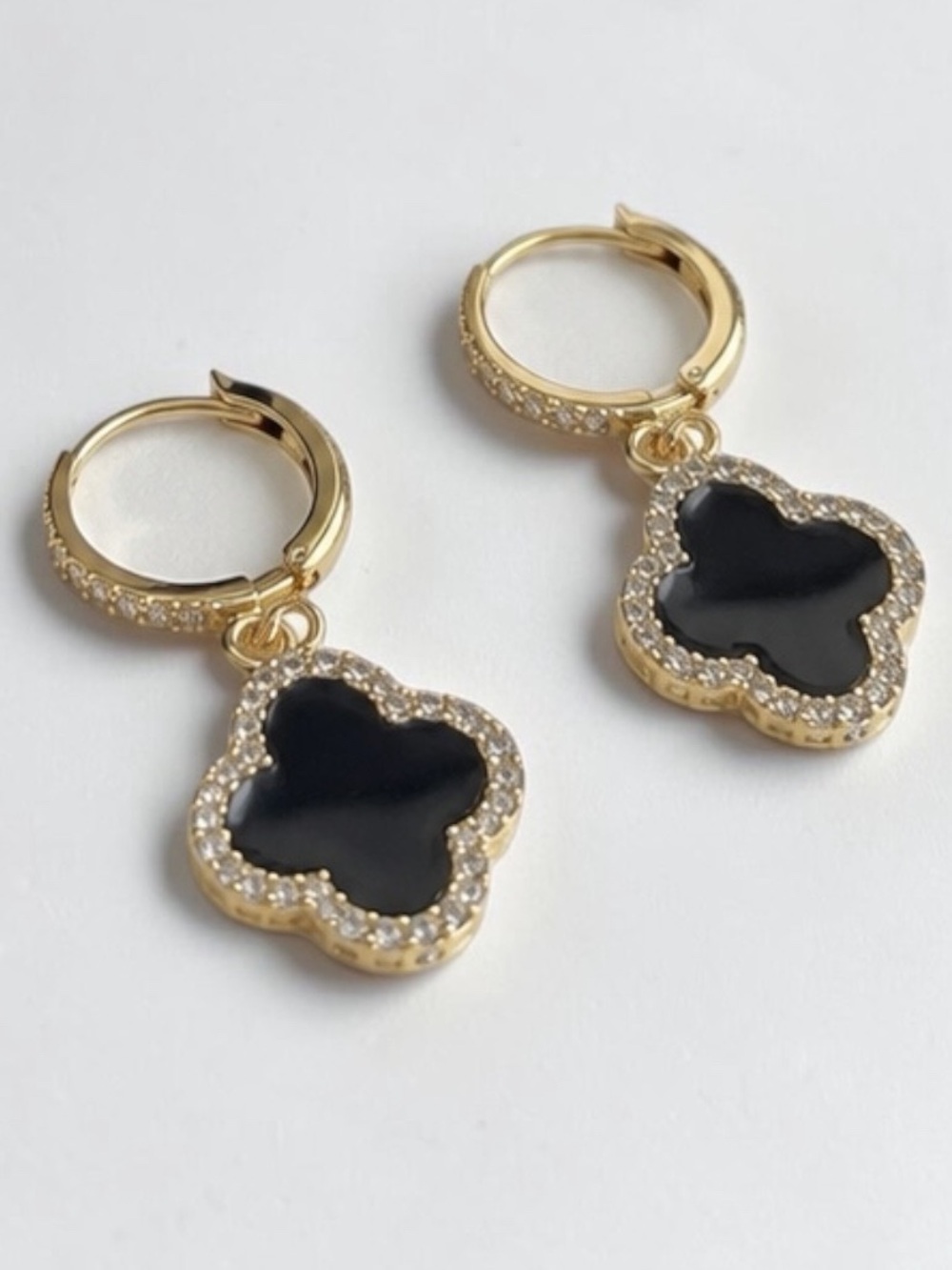 18k Gold Plated Black Clover Drop Earrings with Crystal Halo